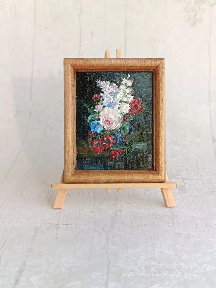 Miniature original oil painting with a bouquet of flowers in a vase in vintage style for dollhouses in 1/12, 1/6 scale