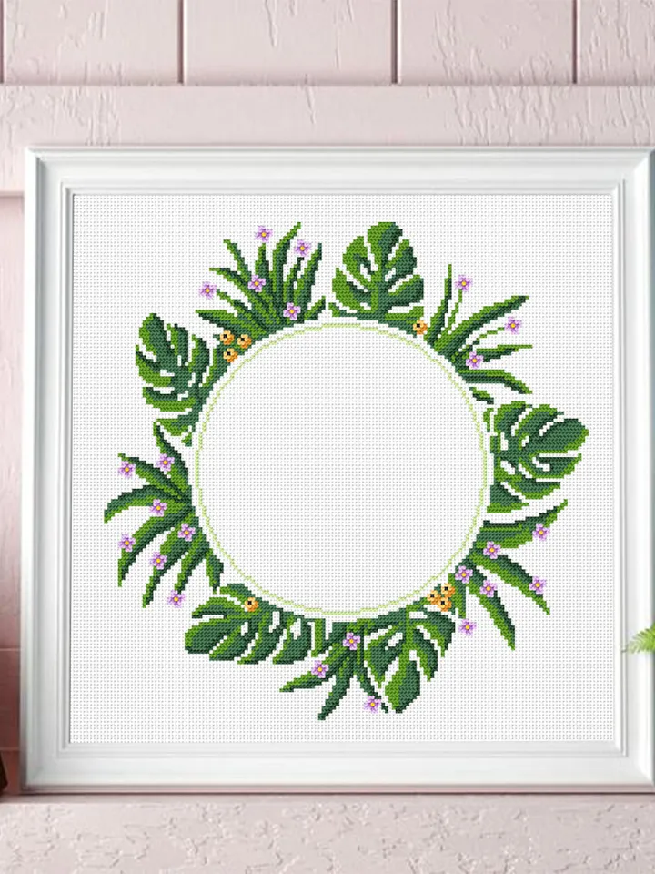 Monstera leaf wreath cross stitch pattern download PDF Greenery frame cross stitch chart, Monstera decor Hoop art design, Your text here #Y3