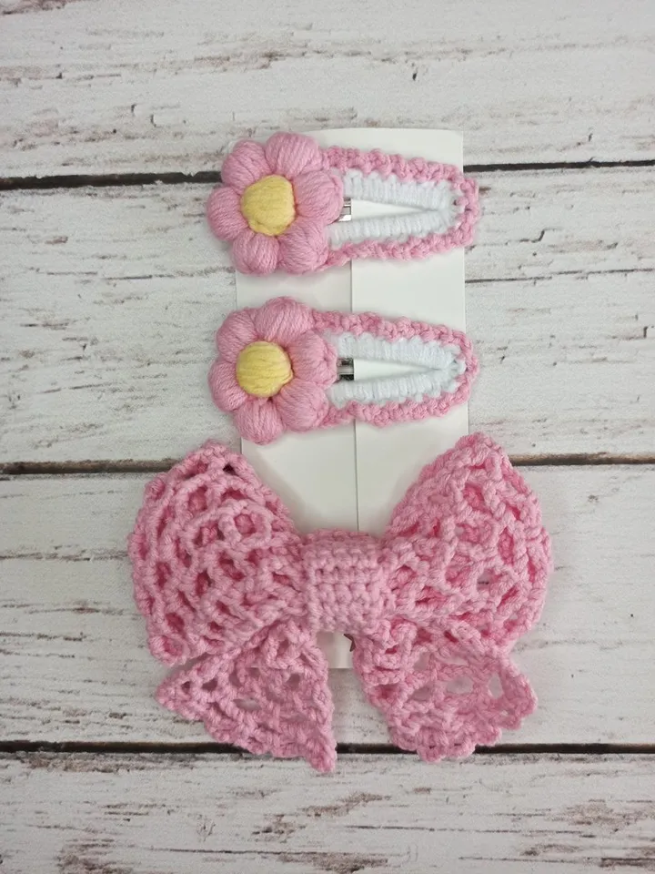 Crochet hairpin,set accessories for hair,crochet bow, holiday hairstyle, pink
