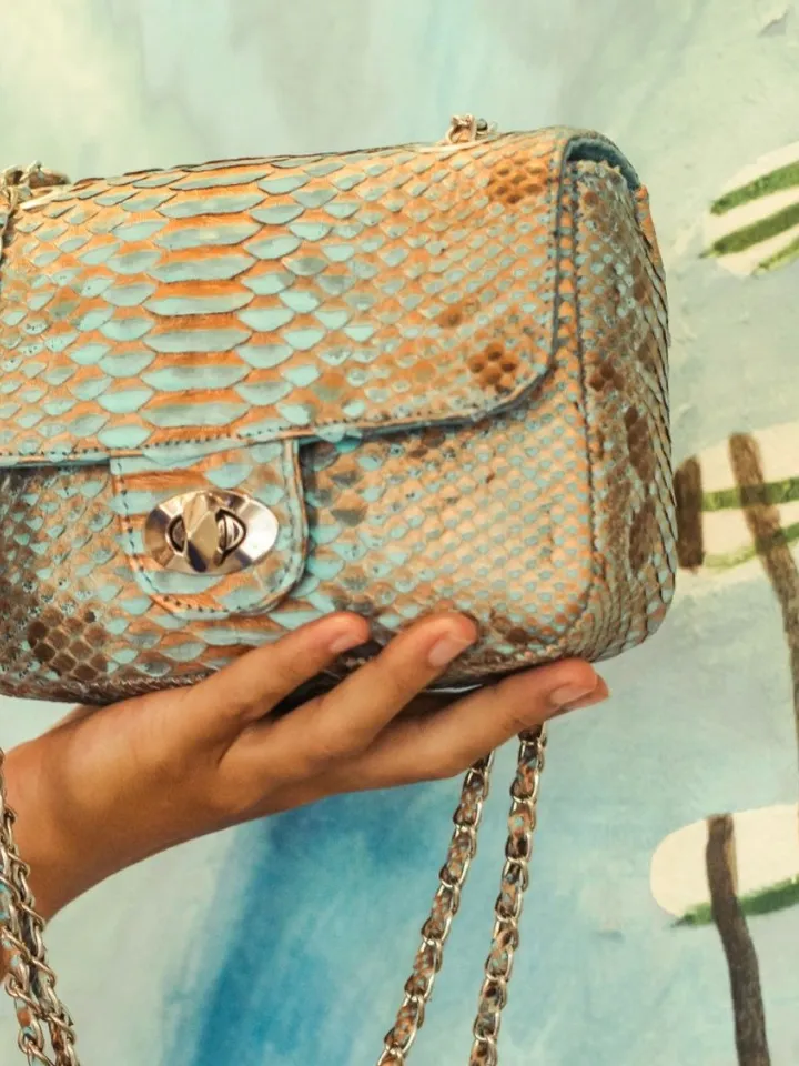 Light blue Crossbody Bag Genuine Python Skin | Adjustable Chain Classy Elegant Bright Blue Crossbody Small Lady Summer Bag | Python Purse