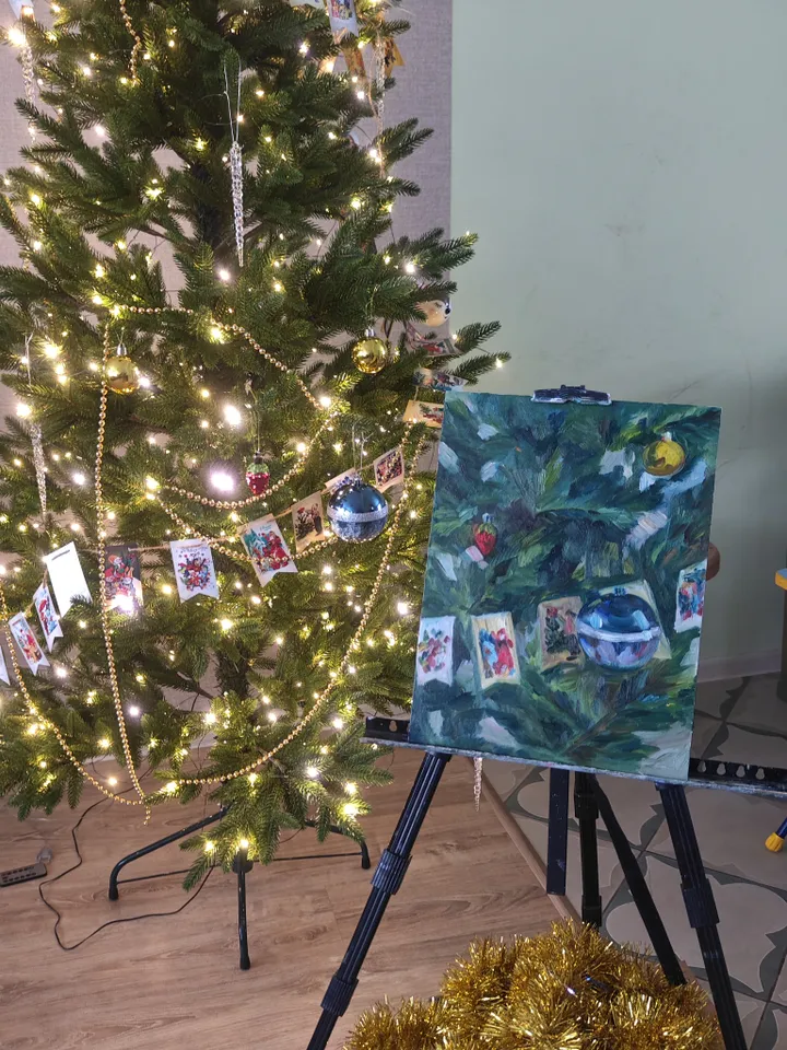 Oil painting on cardboard Merry Christmas original artwork