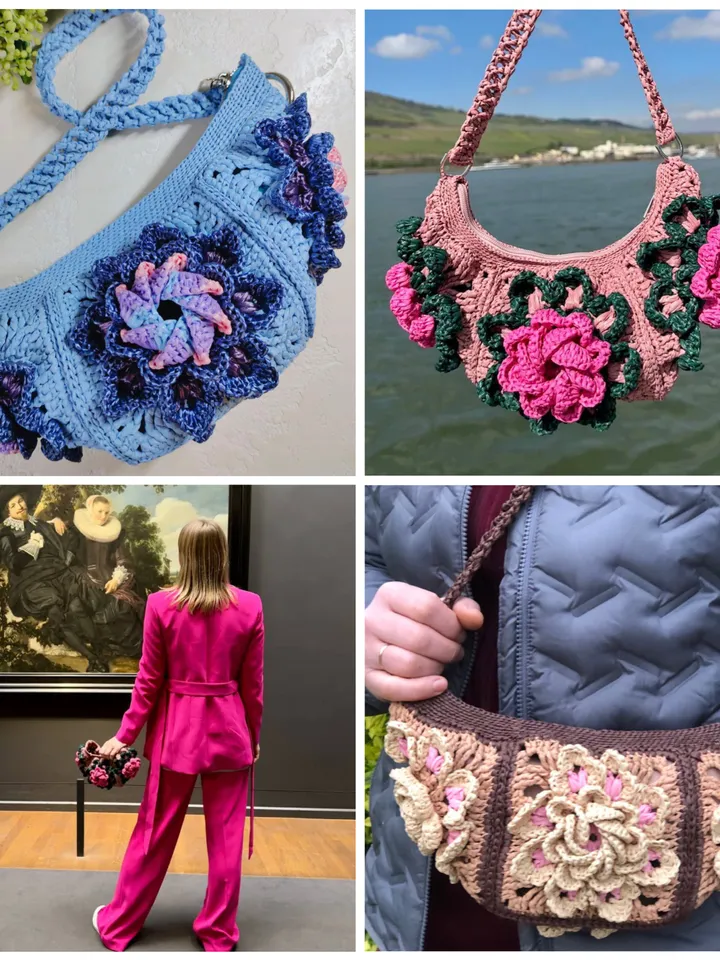 Crochet pattern granny square belt bag PDF digital instant download and video tutorial, waist bag, raffia handbag with motifs, small purse