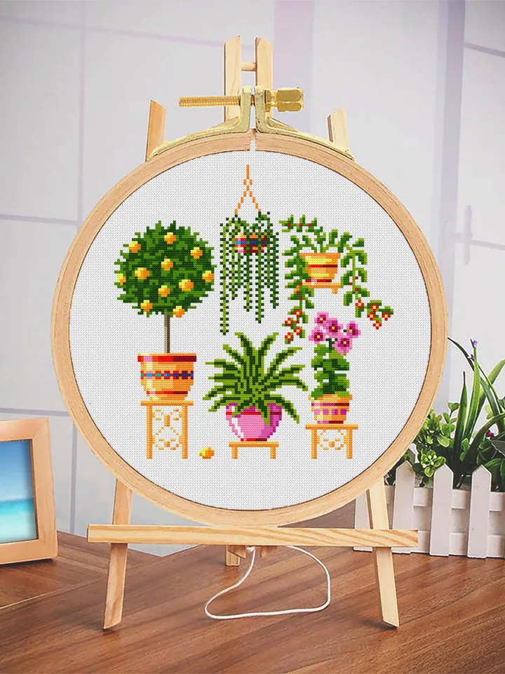Potted plants cross stitch pattern download PDF Floral cross stitch sampler, Small house plant embroidery PDF, Garden cross stitch chart #P1