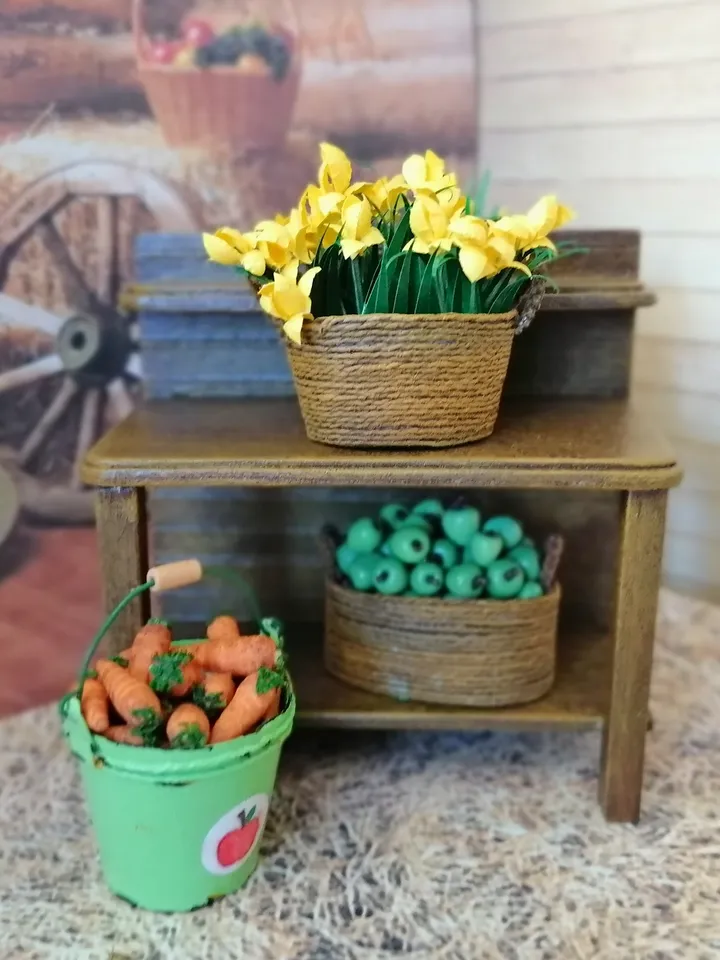 Flowers in a basket. Dollhouse miniature. Handmade. 1:12.