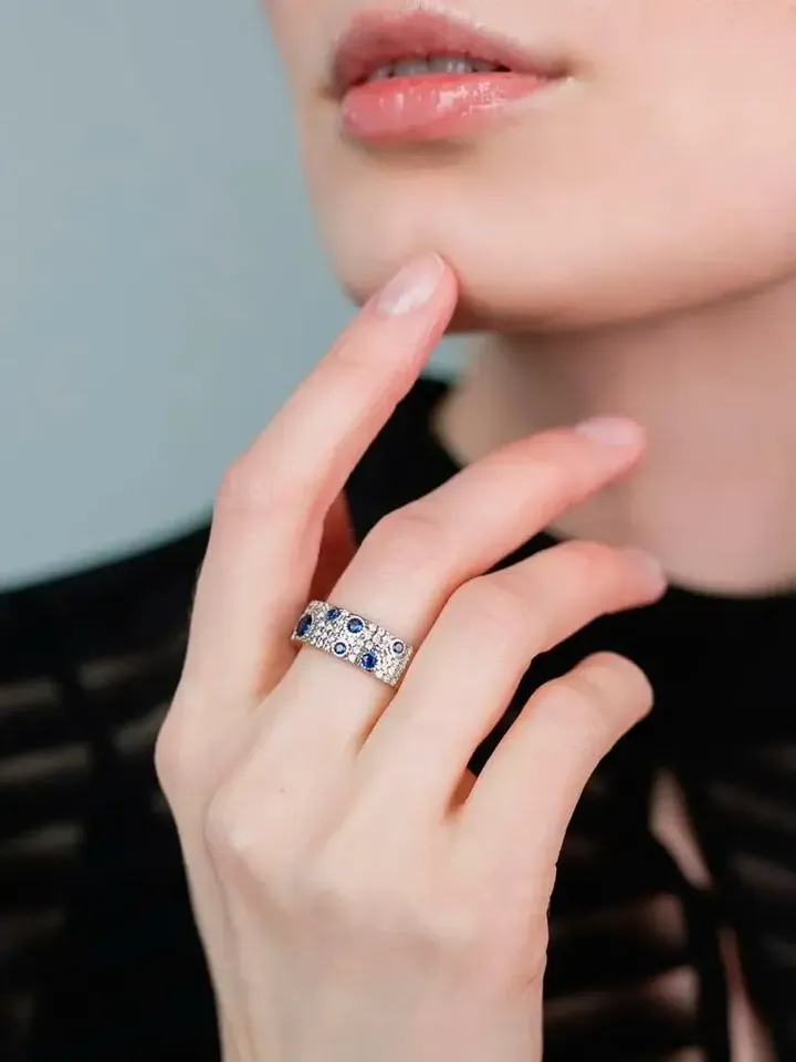 Women's ring silver 925, gold plated with cubic zirconia and sapphire