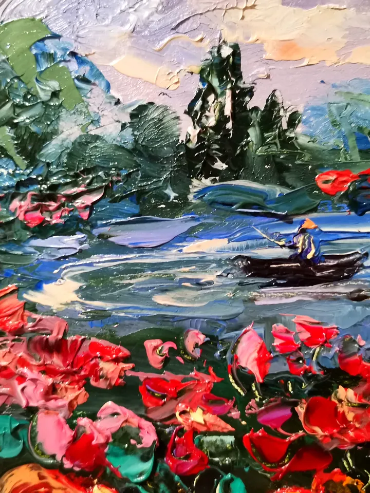 Bright Poppies Lake Boat Sunset Impasto Oil Painting Flowers Original Artist Svinar Oksana