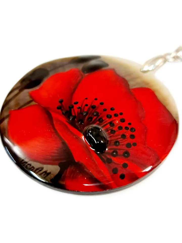 Pearl pendant necklace: Big Red Poppy hand painted on Abalone Shell Pendant • Aesthetic flower design on graceful necklace for her dress