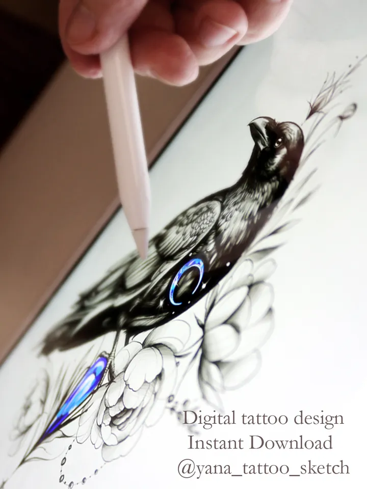 Crow Tattoo Design Crow Tattoo Stencil Idea Sketch, Instant download PDF, JPG