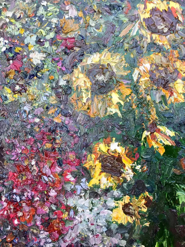 Colourful Sunflowers garden,original impasto oil painting on stretched canvas,flowers painting,impressionistic,wall hanging,one of a kind.