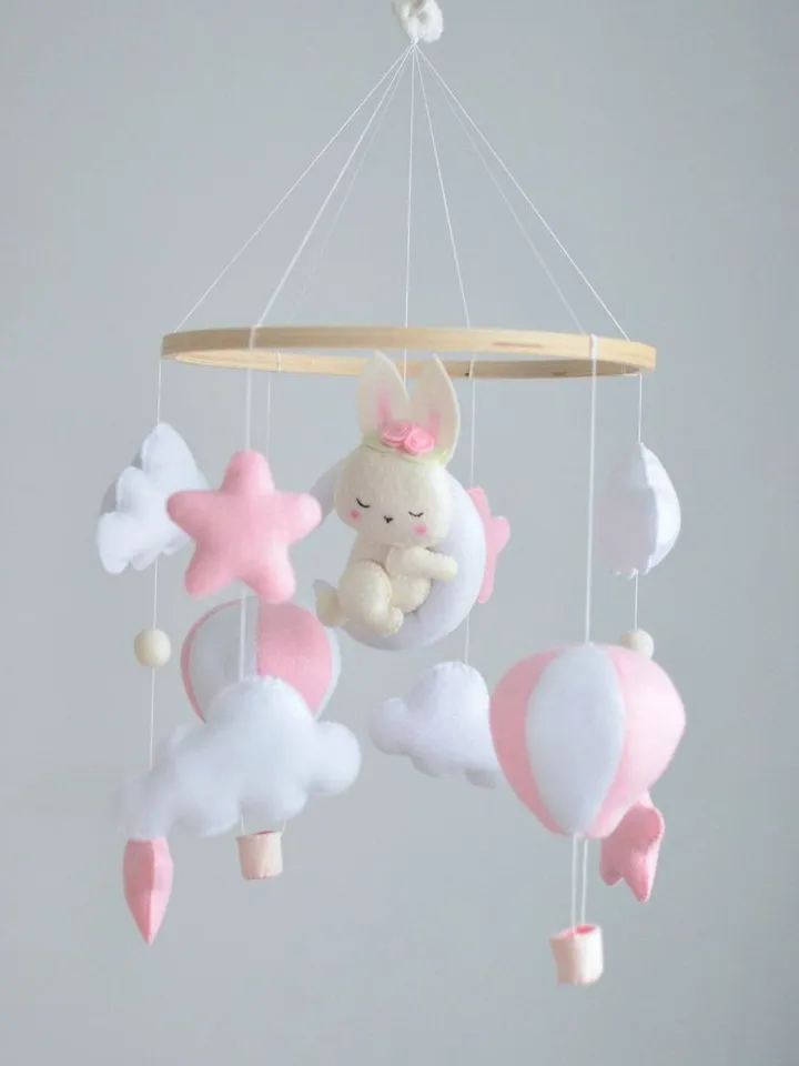 Hand sewn Bunny baby mobile for nursery decor with balloons ,clouds and stars