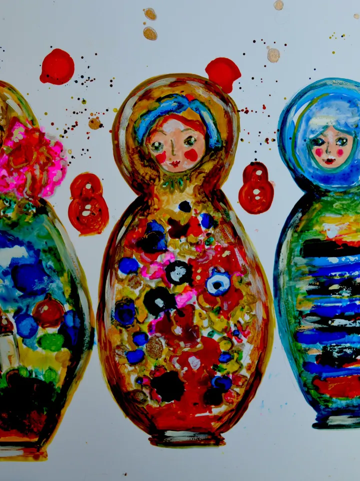 Russian dolls Poster, colourful poster made from my original mix media painting on yupo paper,dolls painting wall decoration