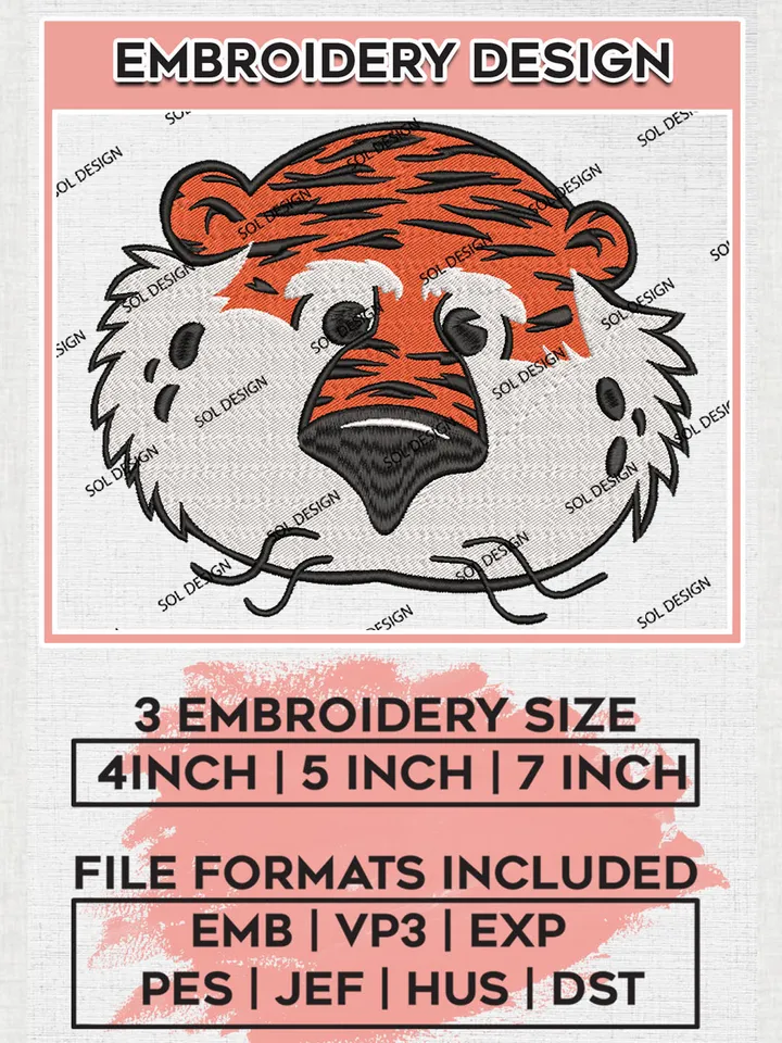 NCAA Auburn Tigers Team Funny Head Mascot Logo Embroidery Design Files, NCAA Auburn Tigers Machine Embroidery, NCAA Teams, 3 sizes, NCAA Machine embroidery designs, Digital Download
