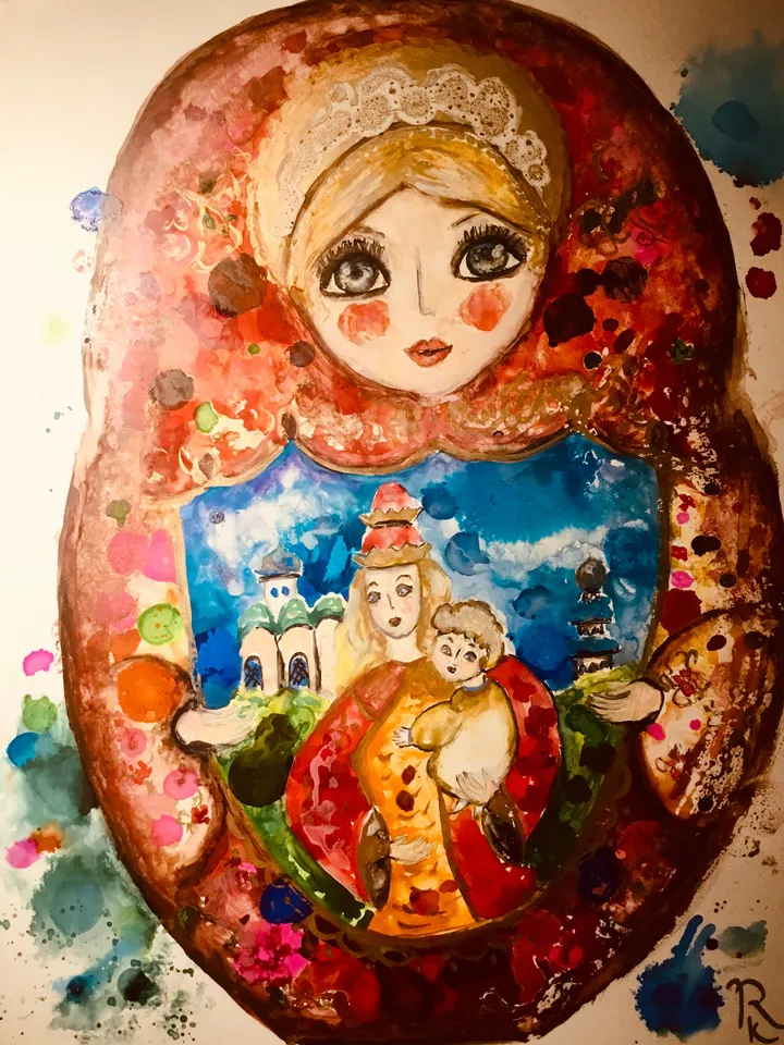 Matryoshka doll original mix media painting on yupo paper,watercolours and alcohol inks painting,unique artwork russian doll painting,gift