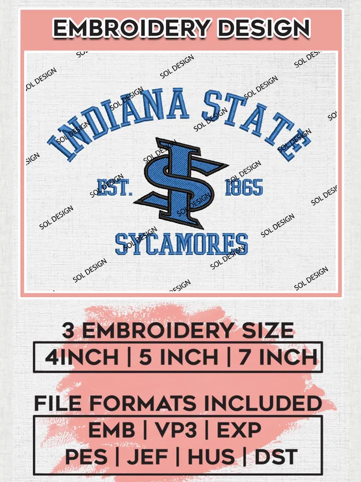 Indiana State Sycamores Est 1865 Logo Embroidery Designs, NCAA Indiana State Sycamores Team Embroidery, NCAA Team Logo, 3 sizes, Machine embroidery Files, Digital Download