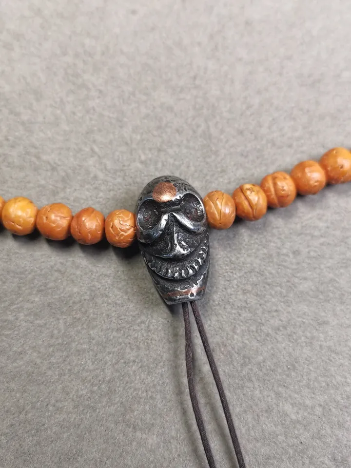 Gandhanra Tibetan Cold Iron Guru Bead,Big Skull Shape T-drilled 3-Hole Prayer Bead,Mala Bead,Connector Bead for Buddhist Bead Accessories