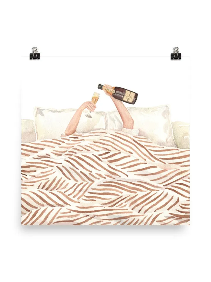 Woman Drinking Champagne In Bed, Watercolor Painting, Girls Bedroom Decor, Vintage Bar Print, Feminist Poster, Girly Wall Art, Alcohol Print