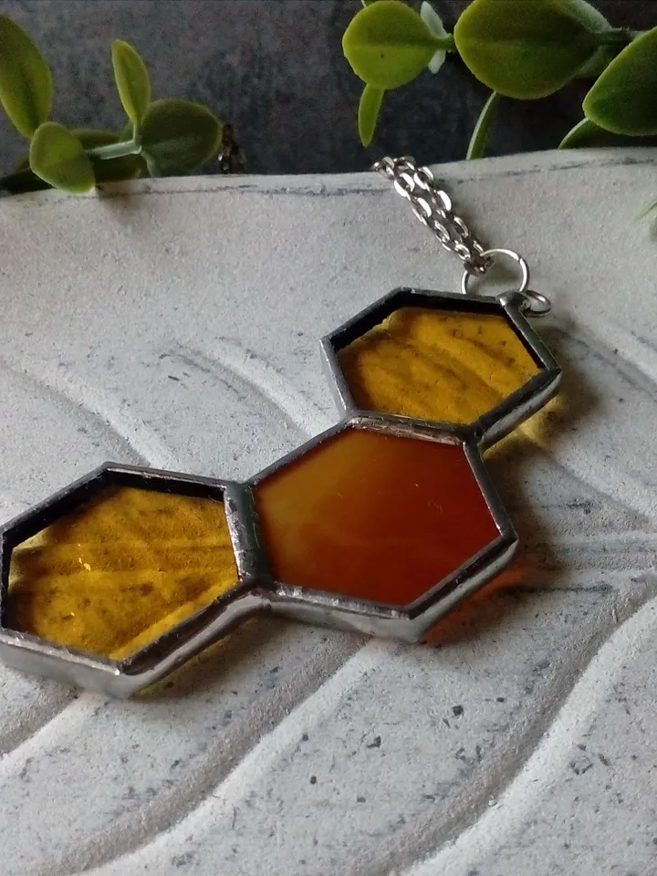 Honeycomb glass necklace, stained glass honeycomb, honey bee decor, bee art, honey bee jewelry, bee lover gift,
