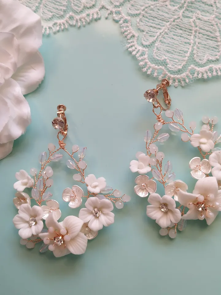 Porcelain Flowers Wedding Earrings Boho Wedding Earrings Rose Gold Hoop Chandelier Earrings Opal Crystal Long Bohemian Boho Bridal Earrings