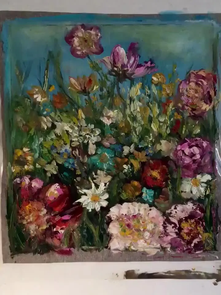 Colourful flowers original oil painting on unstretched canvas,field flowers painting,meadows painting,wild flowers wall art,flowers decor.