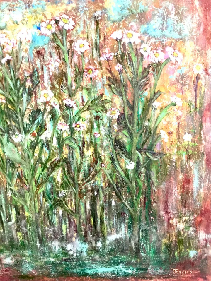 Chrysanthemums painting,Abstract chrysanthemums,fantasy forest of flowers,oil painting,mixed media background,stretched canvas