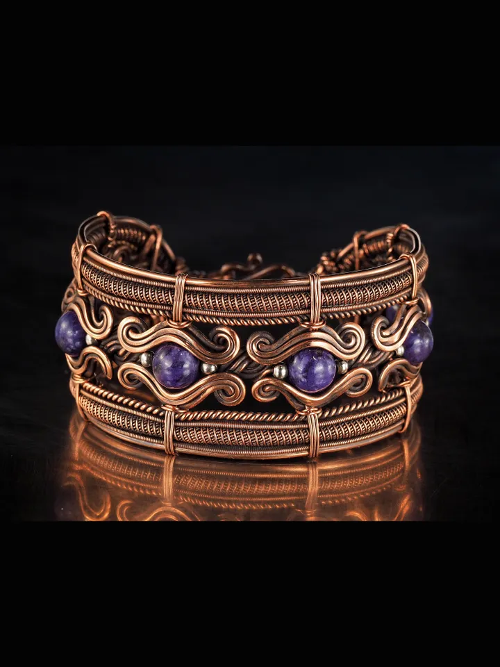 Copper wire wrapped bracelet with charoite for lady Antique style WireWrapArt