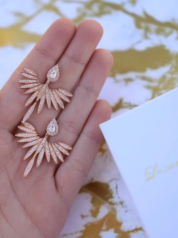 Art Deco Rose Gold Bridal Earrings, Swarovski Crystal Statement Wedding Earrings , CZ Statement Vintage Wedding Jewelry, Boho Bridal Jewelry
