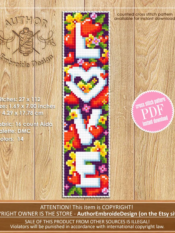 Valentine bookmark cross stitch pattern download PDF Love cross stitch chart, Funny handmade bookmark digital PDF, Valentines present #B103