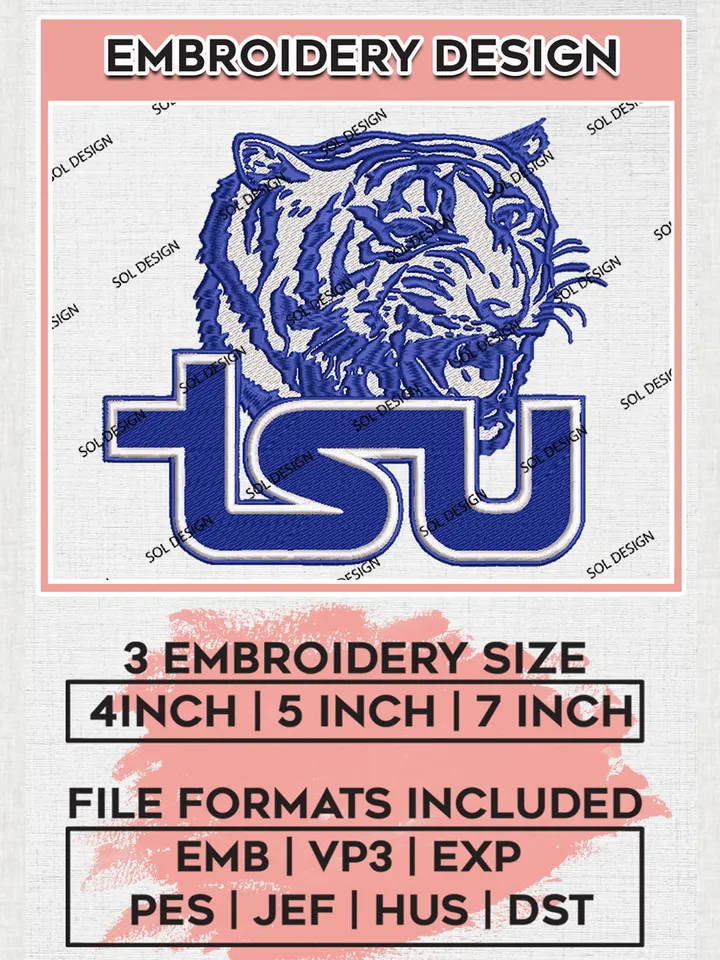 NCAA TSU Tigers Team Logo Embroidery Design Files, NCAA Tennessee State Tigers Machine Embroidery, NCAA Teams, 3 sizes, NCAA Machine embroidery designs, Digital Download