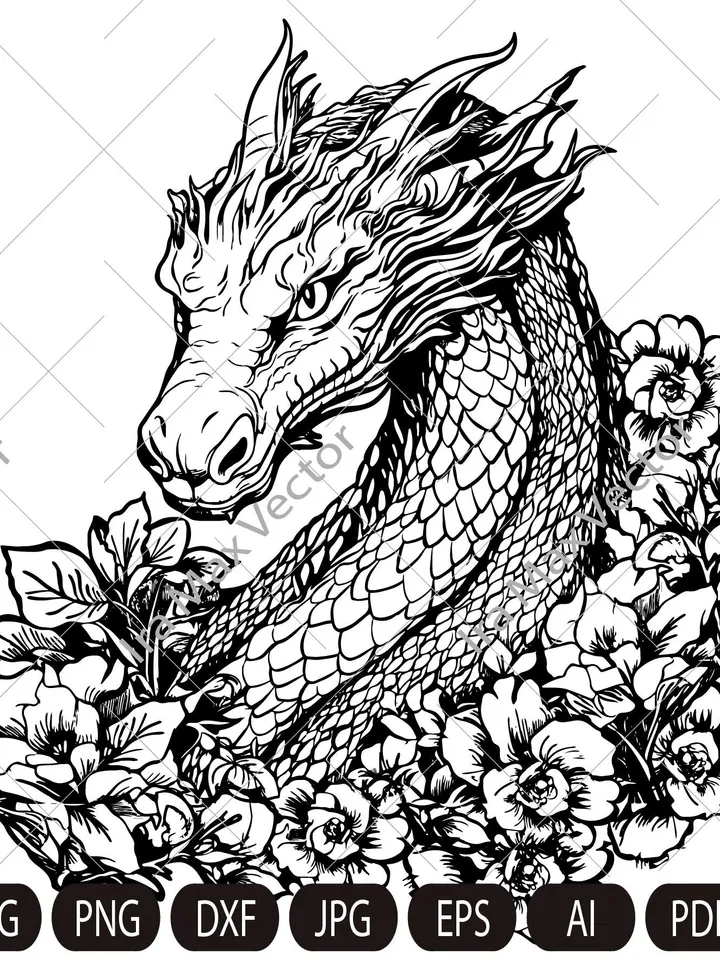 Dragon svg, Dragon detailed, Dragon Clipart, Dragon in flowers, Chinese Dragon SVG, Fantasy Dragon SVG, Asian dragon Svg, Dragon Silhouette