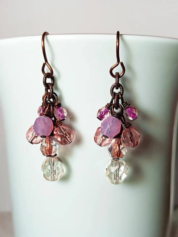Solid and natural brass Boho Shabby chic with Czech glass beads earrings with chain.