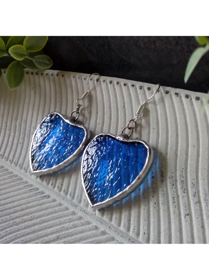 Blue HEART earrings, Stained glass earrings, st Valentine heart earrings, kawaii earrings, Love earrings, Romantic gift