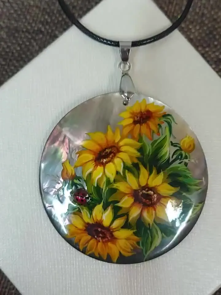 Mother-of-pearl Russian hand-painted necklace pendant "Sunflower" Jewelry Russian jewelry magic of painting fine art jewelry Fedoskino