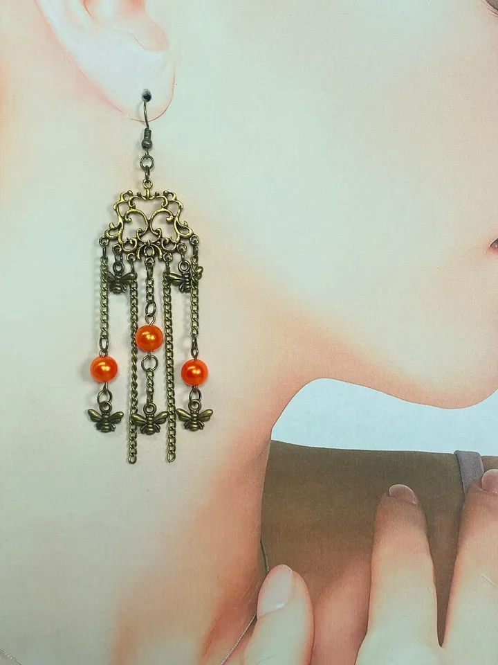 Vintage earrings with fly pendants. Interesting design. Handmade.