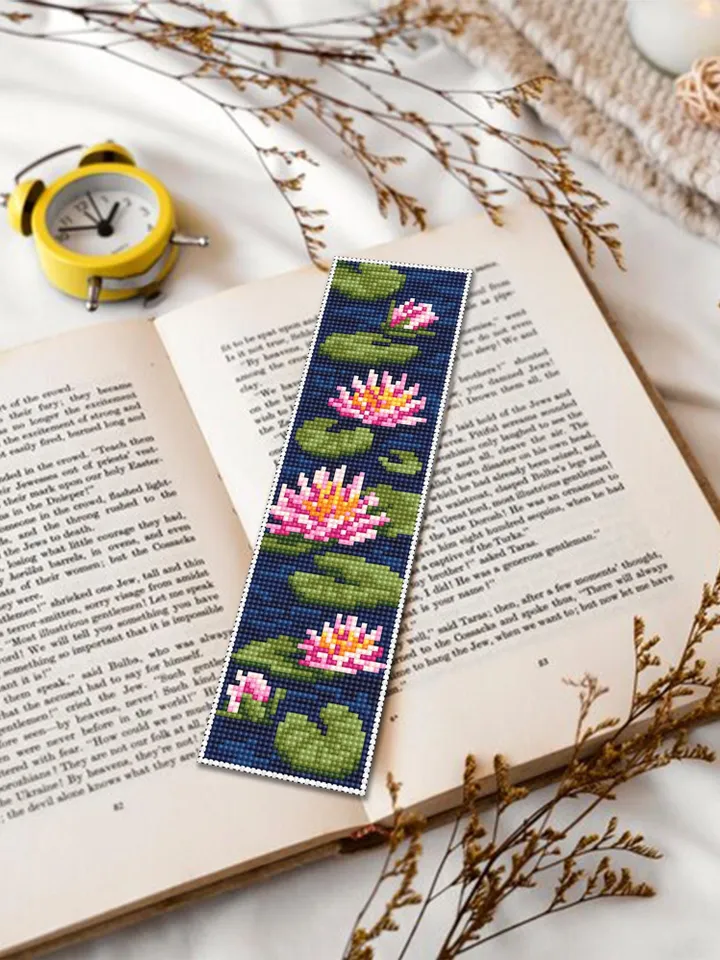 Lotus flower bookmark cross stitch pattern PDF download Water lily cross stitch chart Floral bookmark pattern digital PDF for beginner #B471