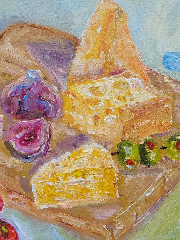 Oil painting on canvas "Still life with cheese" 25x20cm (10x8inch)