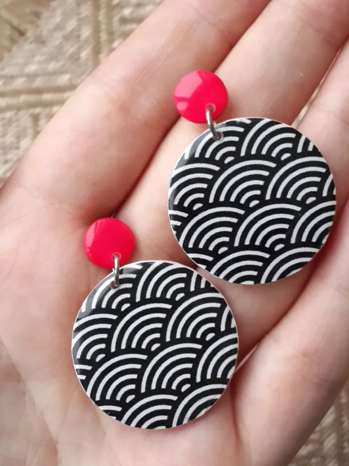 Japanese Wave Pattern Earrings, Round Wooden Earrings, Big Gipsy Earrings, Resin Statement Earrings