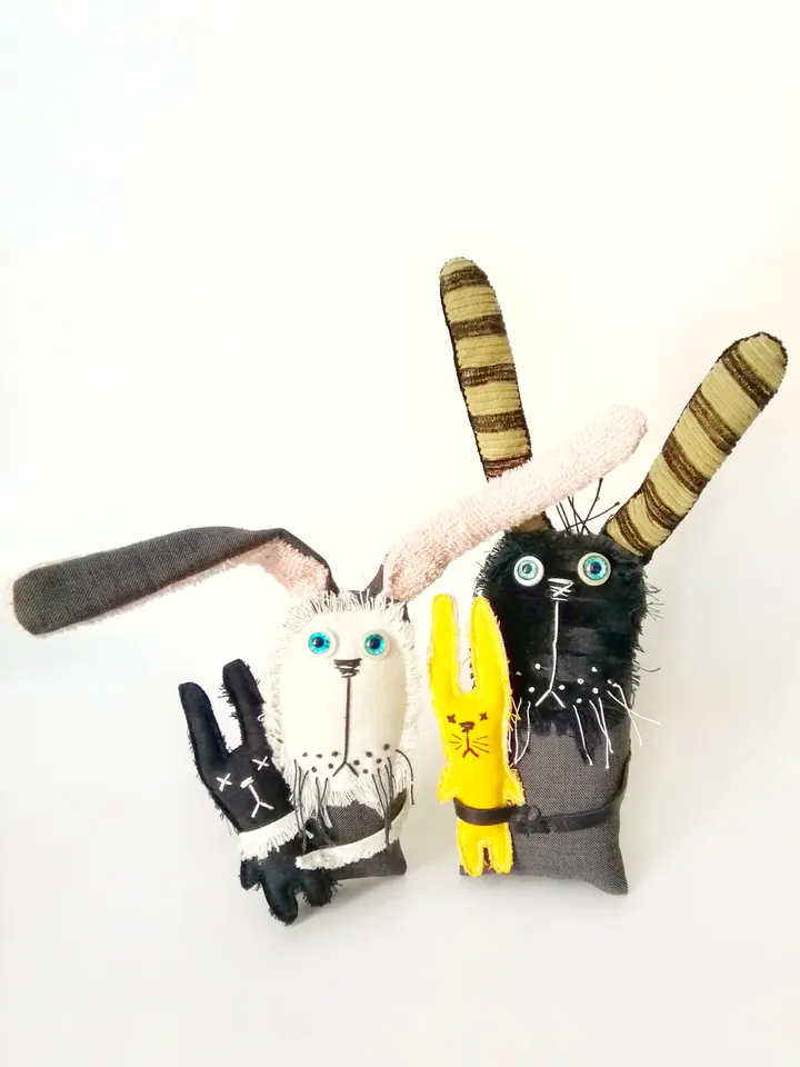 Handmade Funny and Unique Fabric Art Doll Bunnies: One-of-a-Kind Fun Delightful Interior Decor Toys with a Spooky Twist. FREE SHIPPING!