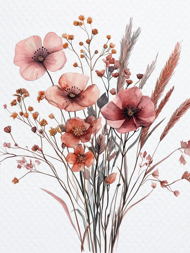 20 Boho Flowers Bouquet PNG Bundle, Minimalistic Flowers Printable Watercolor clipart for sublimation, Wall Art, crafting, junk journals