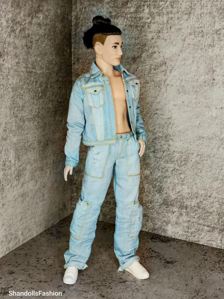 Ken's Distressed Denim Jacket and Cargo Jeans with Large Patch Pockets (Light Blue)