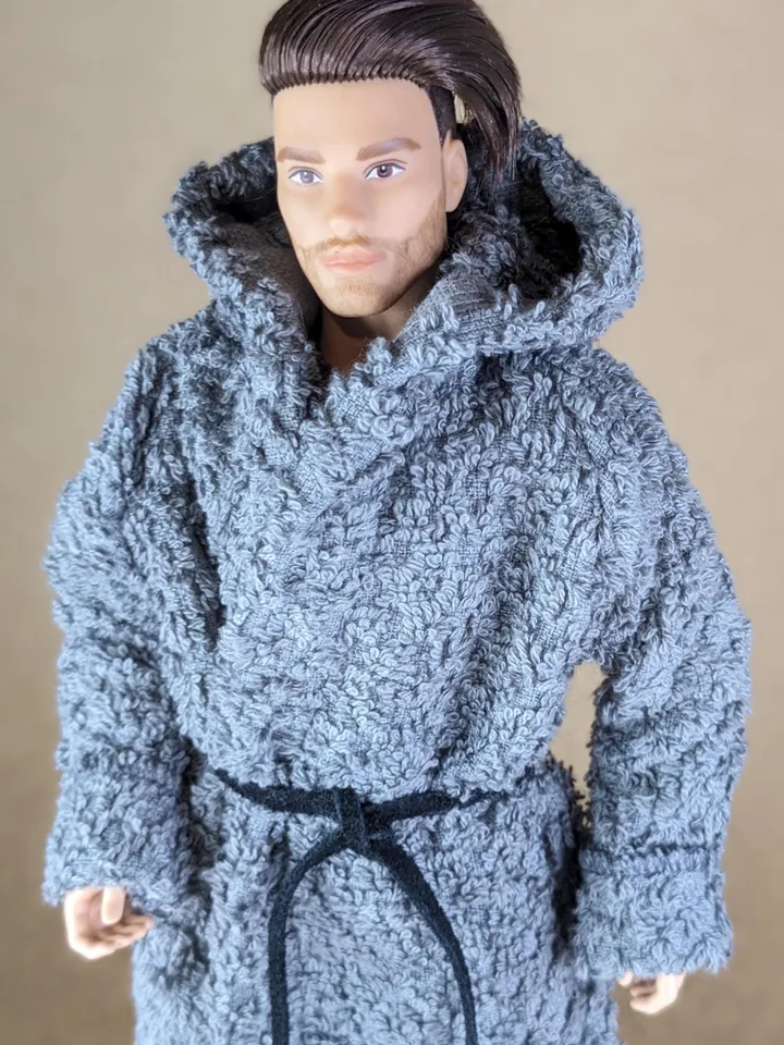 Gray terry bathrobe with a hood for 12-inch fashion male doll