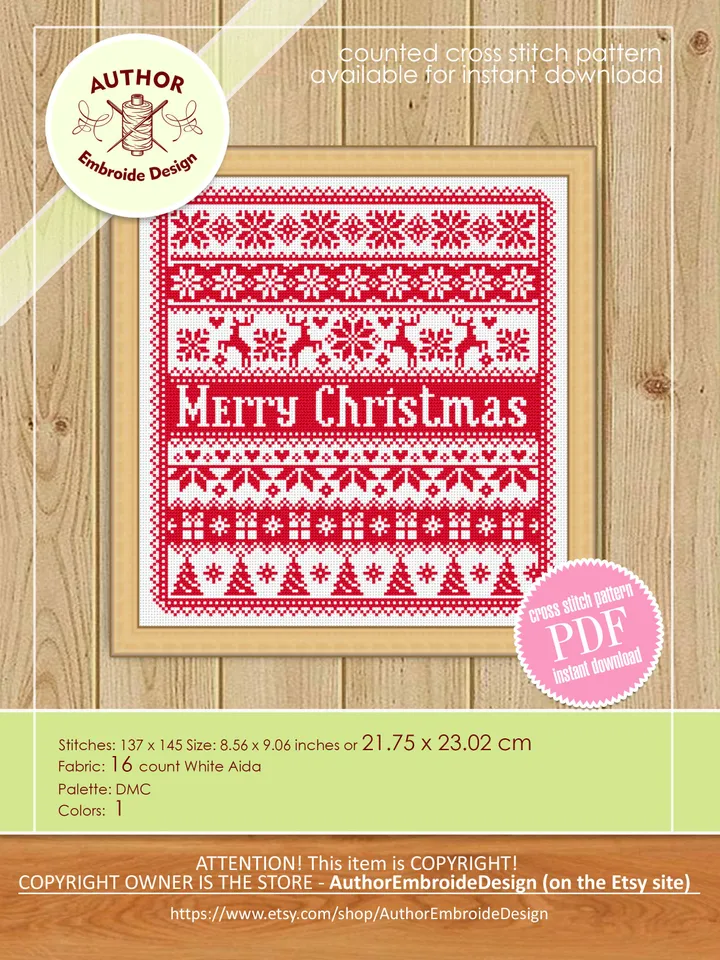 Scandinavian Christmas cross stitch pattern PDF download, Quaker sampler cross stitch chart, Nordic Christmas pattern digital PDF #N72