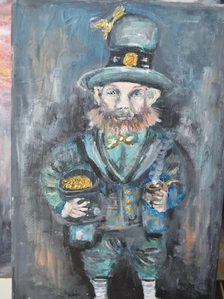 Leprechaun with a pot of gold original acrylic painting on canvas, good luck leprechaun,gift or home decoration, wall art,home decor.