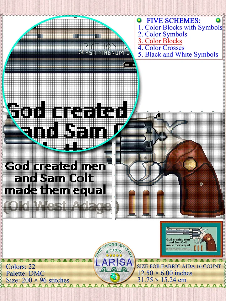 Revolver Cross Stitch Pattern | Colt Python | Pistol