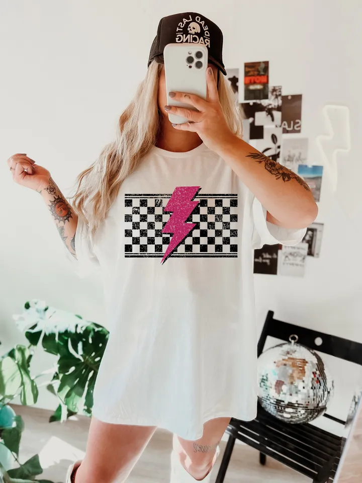Grunge Checkered Lightning PNG, Distressed Lightning Bolt Design, Checkered Mom Life Png, Cool Mom PNG, Textured Checkerboard Sublimation