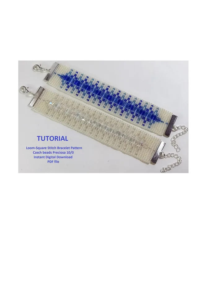 TUTORIAL Cuff Bracelet Loom - Square Stitch, Bead Patterns Bracelet, Seed beads Preciosa and Square glass beads, Instant Download