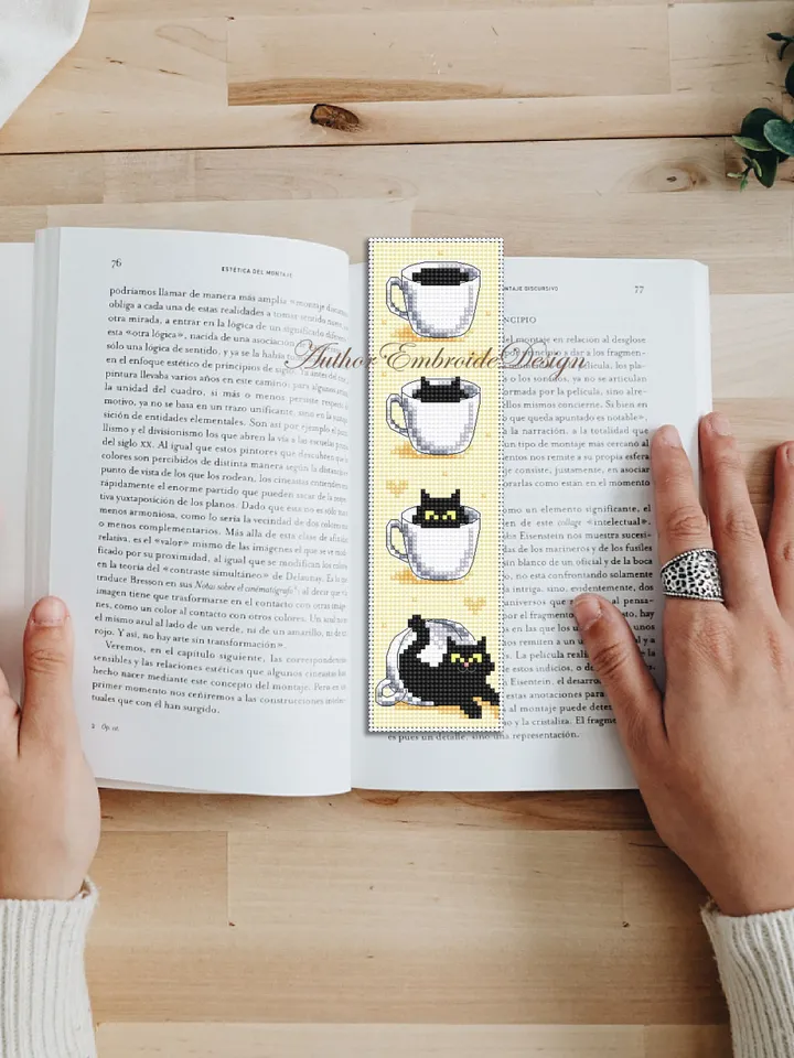 Cat bookmark cross stitch pattern download PDF Black cat cross stitch chart, Funny bookmark digital pattern PDF, Cat cup embroidery #B318