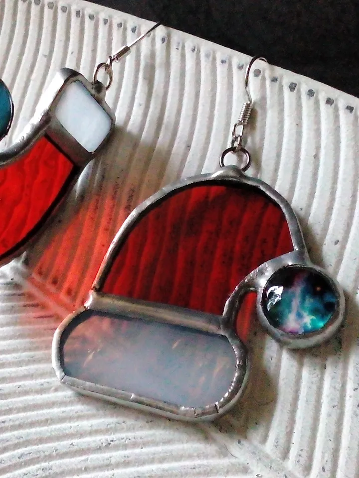 Santas hat stained glass earrings, Christmas hat, New year jewelry, Hygge Christmas decorations, Santa earrings