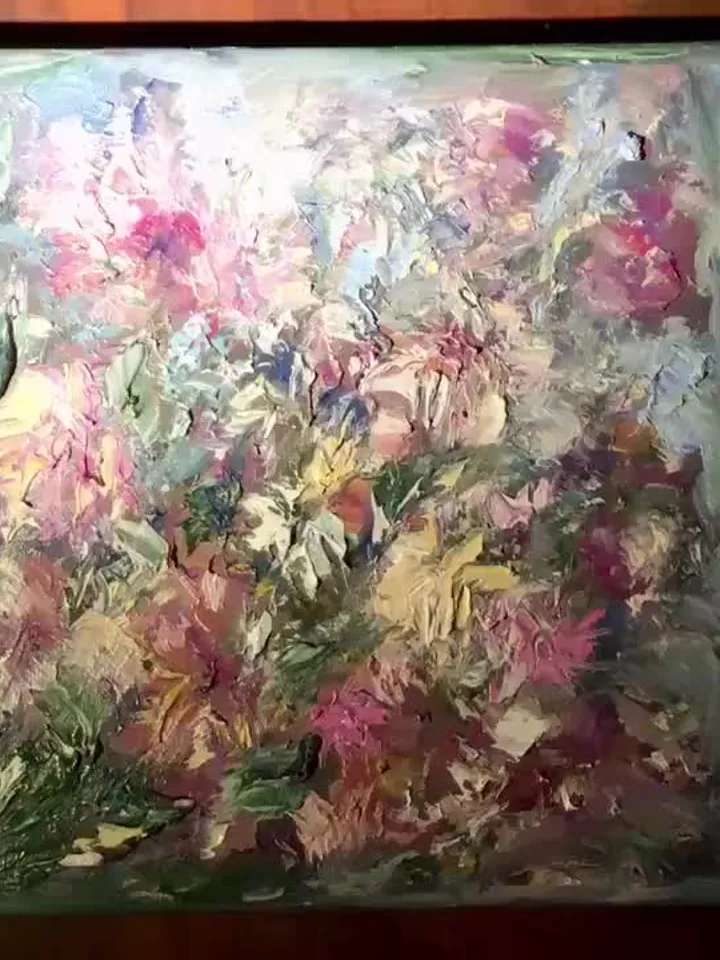 Semi - Abstract pink and yellow flower garden,original impressionistic oil painting on small canvas,unique art gift,home decoration