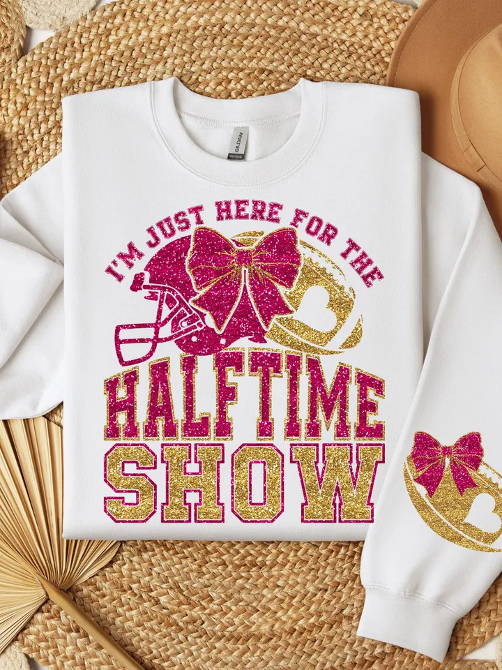 Just Here For Halftime Show Sparkly Faux Sequins Superbowl Png, Game Day Shirt Design, Trendy Superbowl Png, Sleeve Sublimation