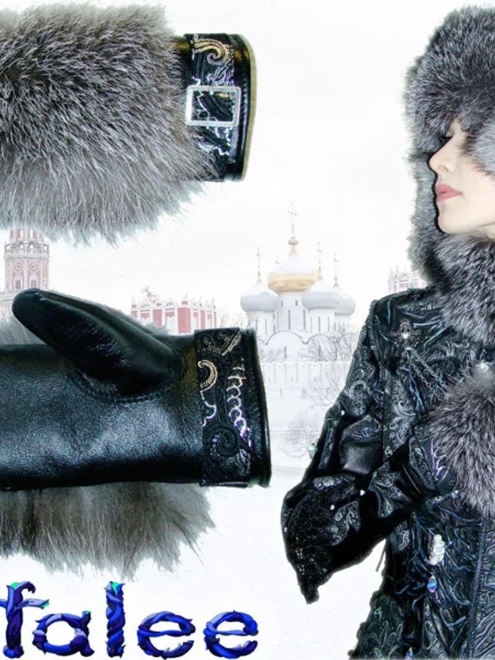 Winter furry warm silver fox fur mittens of leather. Handmade cozy fur mittens by Sofalee. Christmas gift!